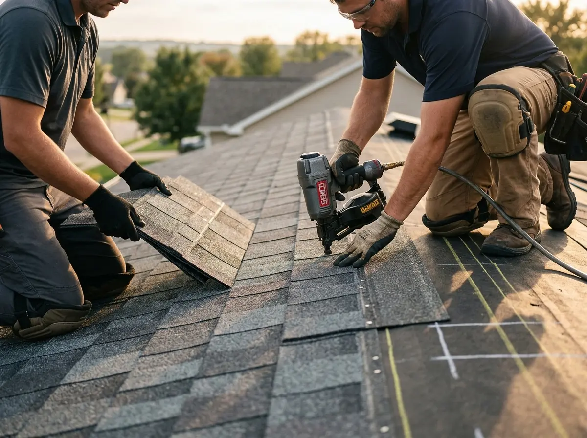 Professional roofer working on a residential roof in Allen